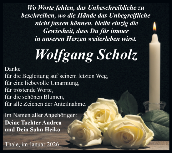 Traueranzeige von Wolfgang Scholz von Trauerkombi Quedlinburg