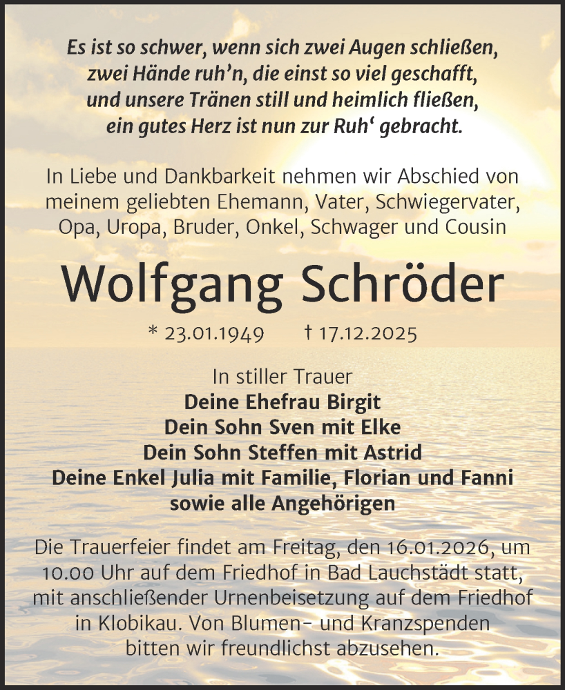  Traueranzeige für Wolfgang Schröder vom 03.01.2026 aus Trauerkombi Merseburg