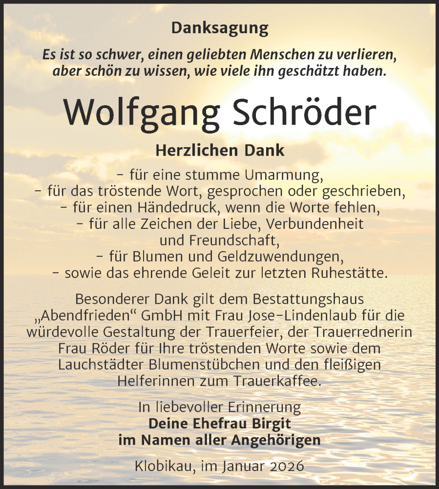  Traueranzeige für Wolfgang Schröder vom 31.01.2026 aus Trauerkombi Merseburg