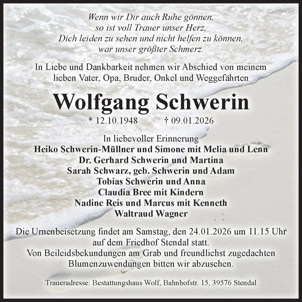  Traueranzeige für Wolfgang Schwerin vom 17.01.2026 aus Volksstimme Altmark Ost