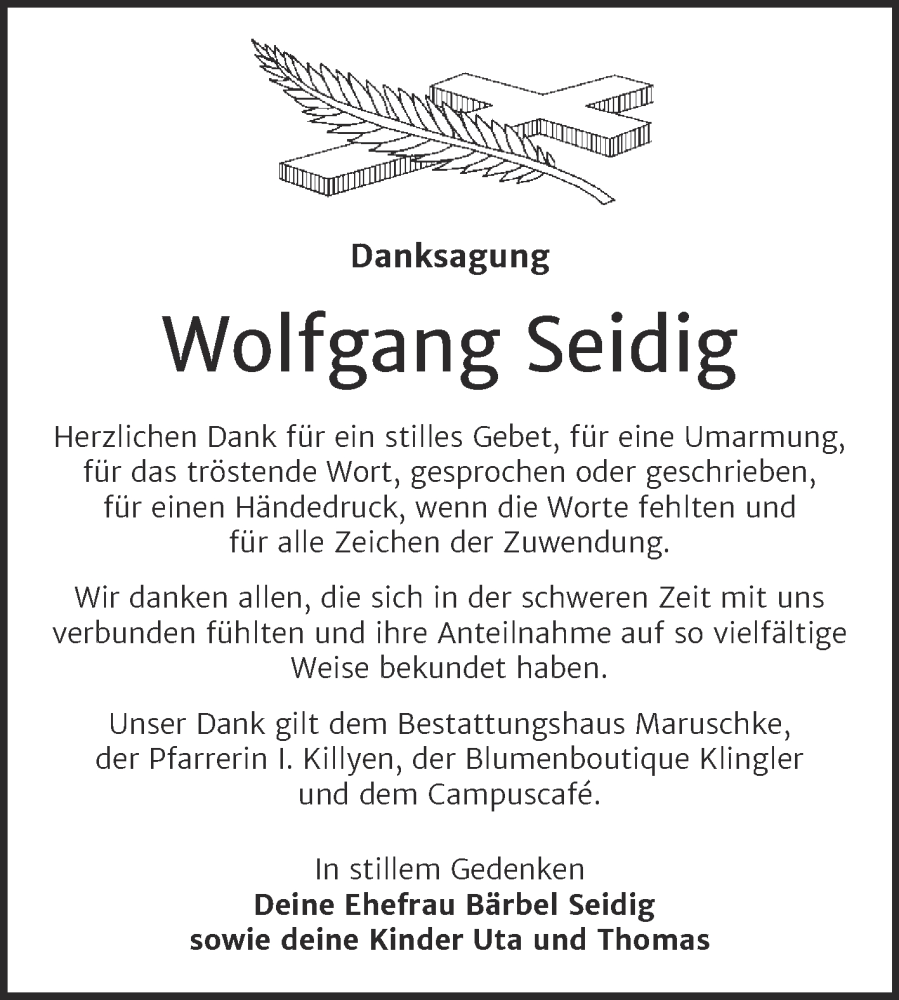  Traueranzeige für Wolfgang Seidig vom 24.01.2026 aus Trauerkombi Bitterfeld