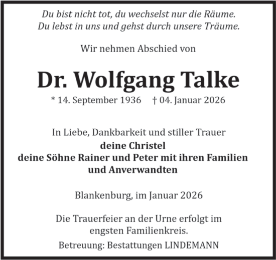 Traueranzeige von Wolfgang Talke von Volksstimme Wernigerode