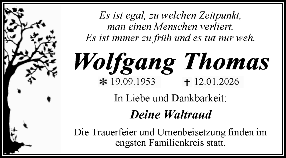  Traueranzeige für Wolfgang Thomas vom 24.01.2026 aus Trauerkombi Dessau