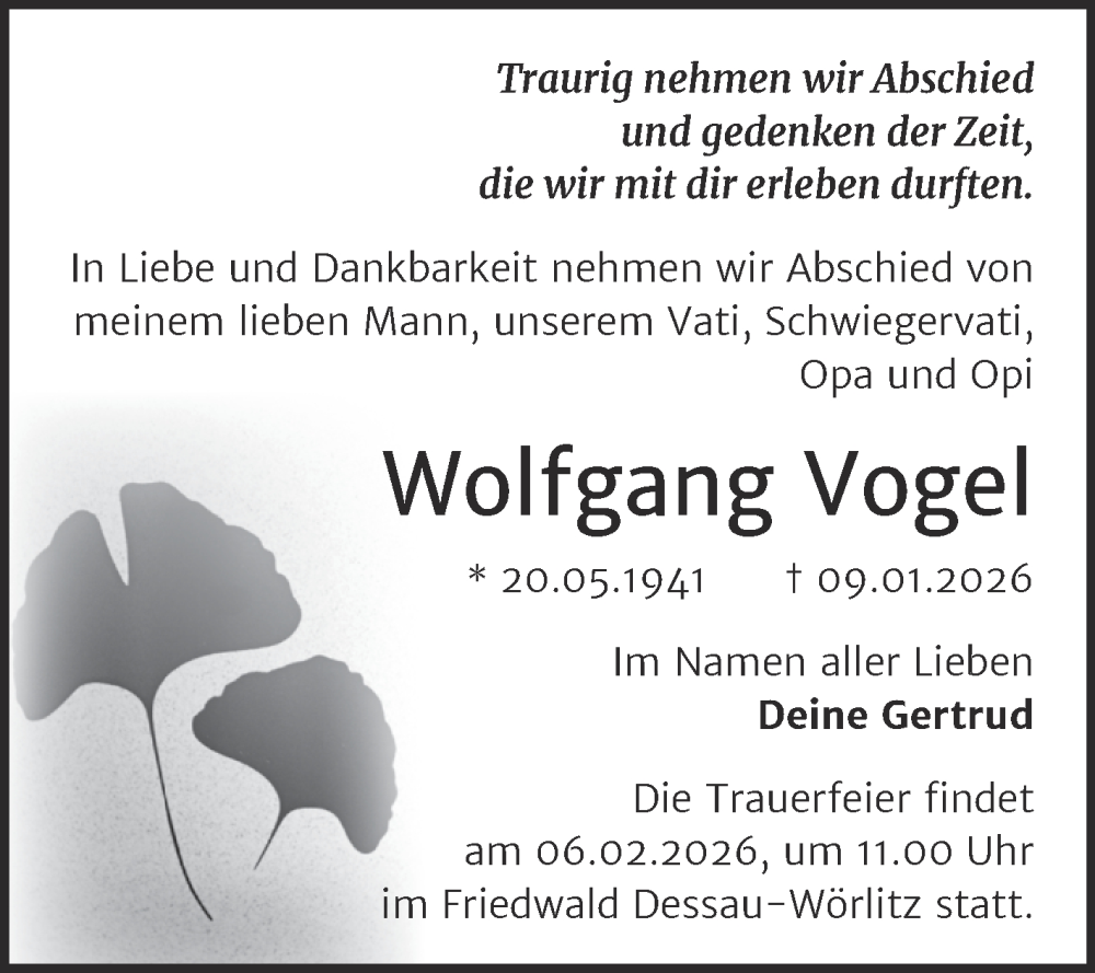  Traueranzeige für Wolfgang Vogel vom 17.01.2026 aus Trauerkombi Dessau
