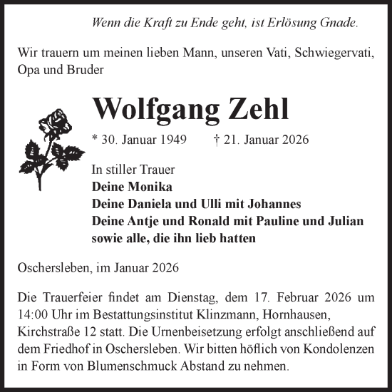 Traueranzeige von Wolfgang Zehl von Volksstimme Oschersleben/Wanzleben