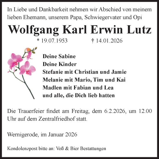 Traueranzeige von Wolfgang Karl Erwin Lutz von Volksstimme Wernigerode