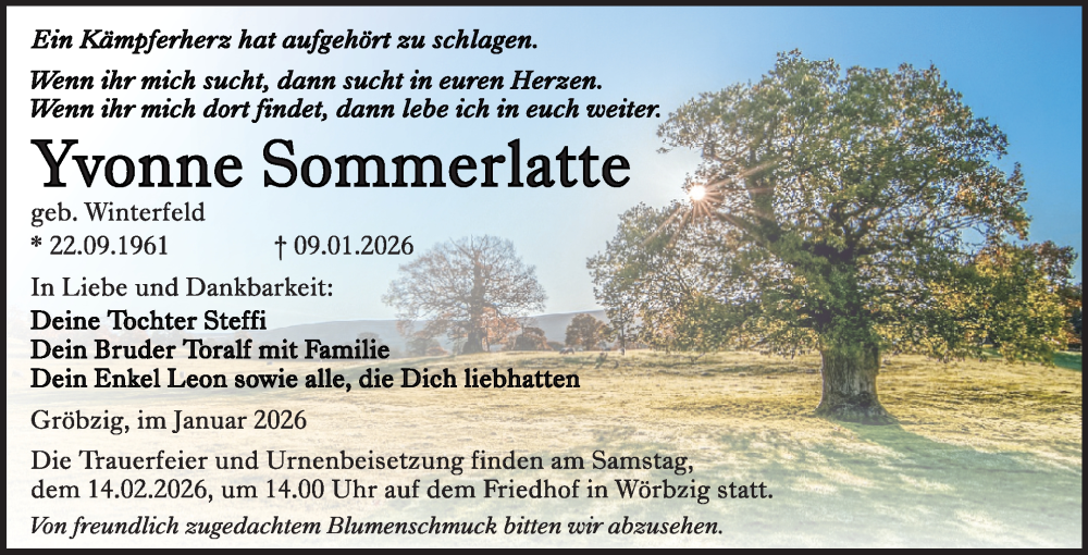  Traueranzeige für Yvonne Sommerlatte vom 24.01.2026 aus Trauerkombi Köthen