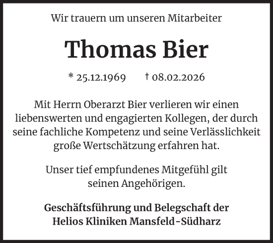 Traueranzeige von Thomas Bier von Mitteldeutsche Zeitung Mansfelder Land