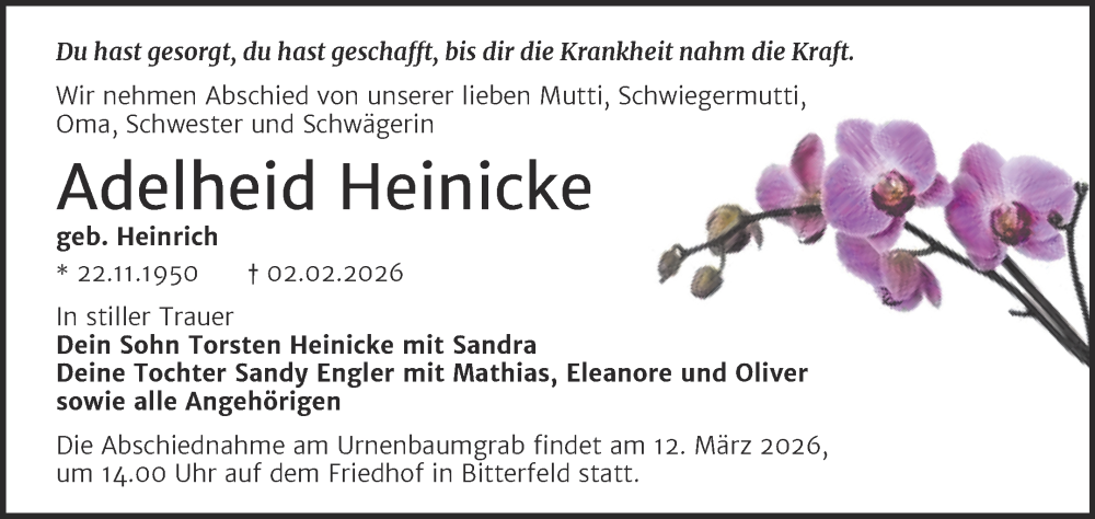  Traueranzeige für Adelheid Heinicke vom 14.02.2026 aus Trauerkombi Bitterfeld
