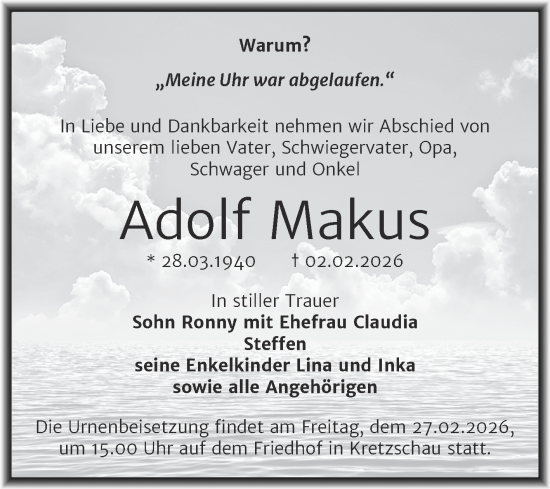 Traueranzeige von Adolf Makus von Trauerkombi Zeitz