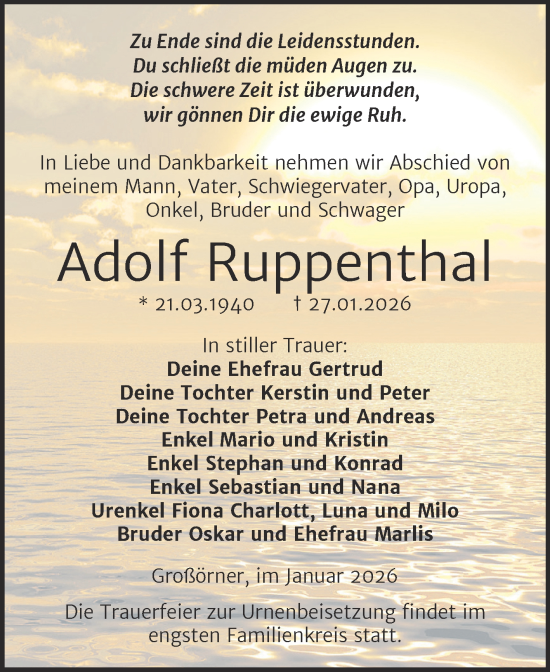 Traueranzeige von Adolf Ruppenthal von Trauerkombi Mansfelder Land