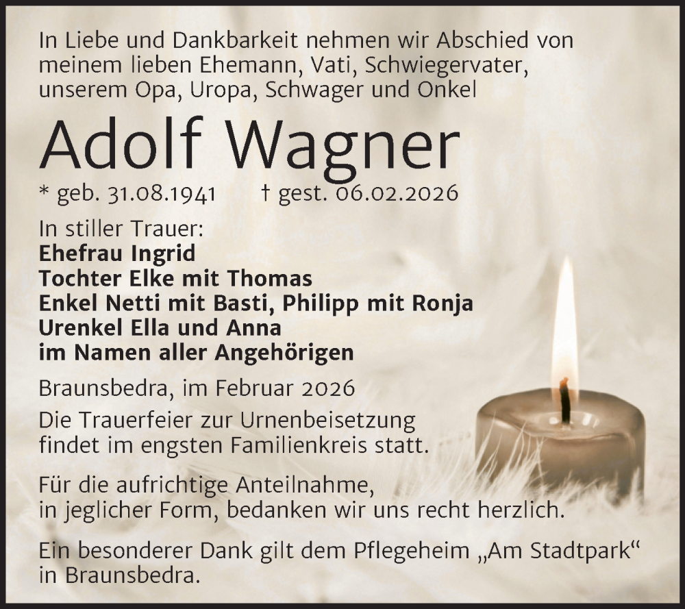  Traueranzeige für Adolf Wagner vom 14.02.2026 aus Trauerkombi Merseburg