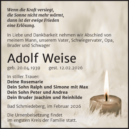 Traueranzeige von Adolf Weise von Trauerkombi Wittenberg