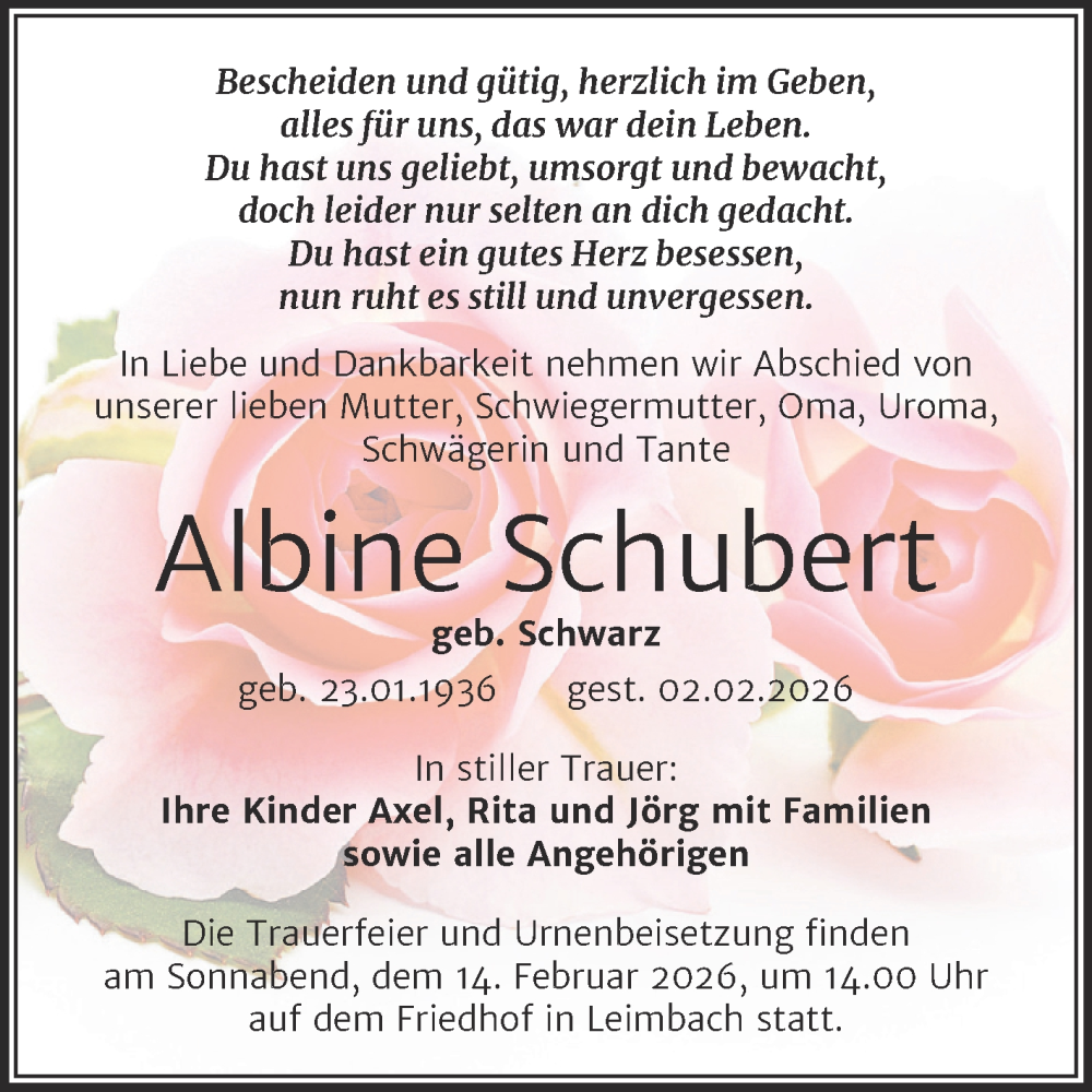  Traueranzeige für Albine Schubert vom 11.02.2026 aus Mitteldeutsche Zeitung Mansfelder Land