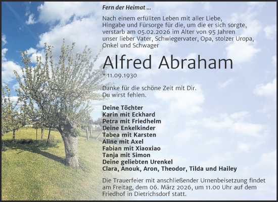 Traueranzeige von Alfred Abraham von Trauerkombi Wittenberg