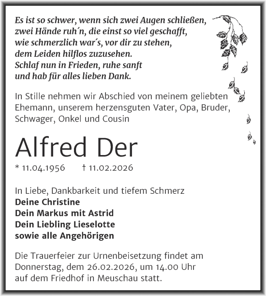 Traueranzeige von Alfred Der von Trauerkombi Merseburg