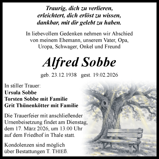 Traueranzeige von Alfred Sobbe von Trauerkombi Quedlinburg