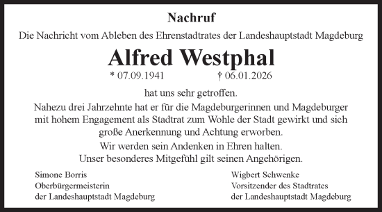 Traueranzeige von Alfred Westphal von Volksstimme Magdeburg