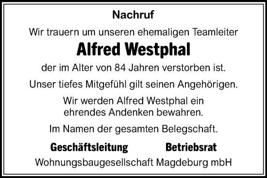 Traueranzeige von Alfred Westphal von Volksstimme Magdeburg