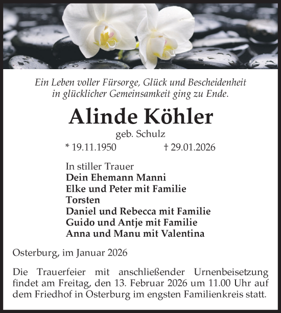 Traueranzeige von Alinde Köhler von Volksstimme Altmark Ost