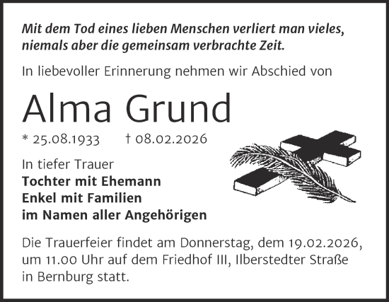 Traueranzeige von Alma Grund von Mitteldeutsche Zeitung Quedlingburg