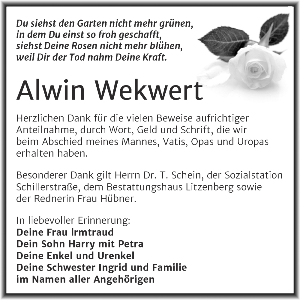  Traueranzeige für Alwin Wekwert vom 14.02.2026 aus Trauerkombi Mansfelder Land