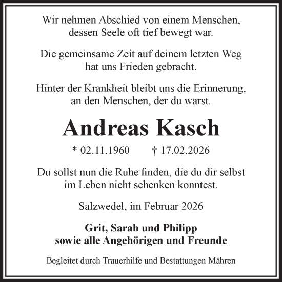 Traueranzeige von Andreas Kasch von Volksstimme Altmark West