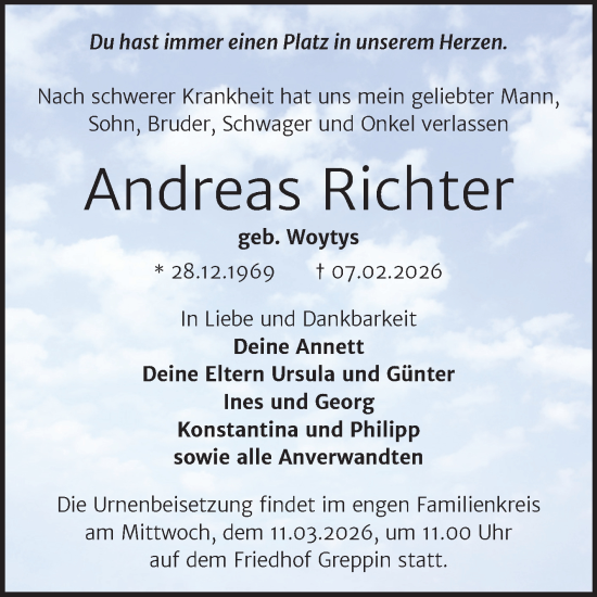 Traueranzeige von Andreas Richter von Trauerkombi Bitterfeld
