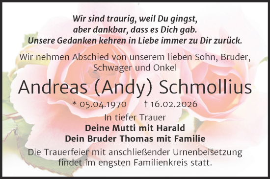Traueranzeige von Andreas Schmollius von Trauerkombi Quedlinburg