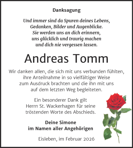 Traueranzeige von Andreas Tomm von Trauerkombi Mansfelder Land