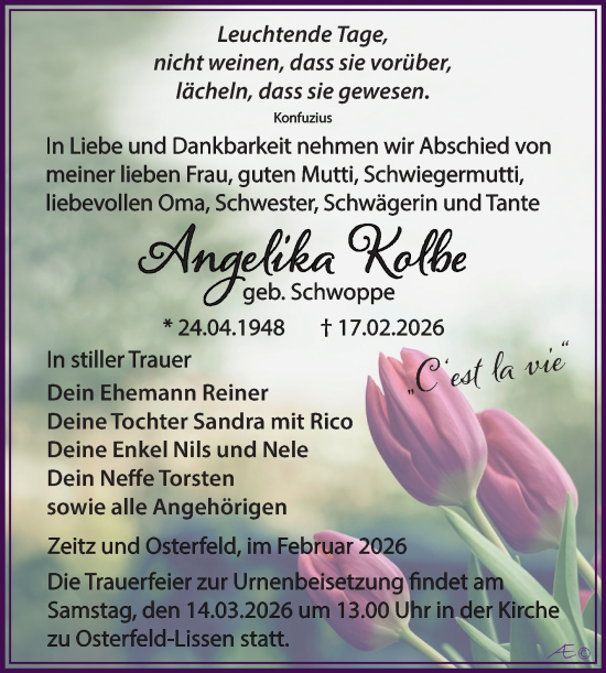 Traueranzeige von Angelika Kolb von Trauerkombi Zeitz