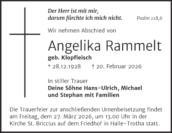 Traueranzeige von Angelika Rammelt von Mitteldeutsche Zeitung Halle/Saalkreis