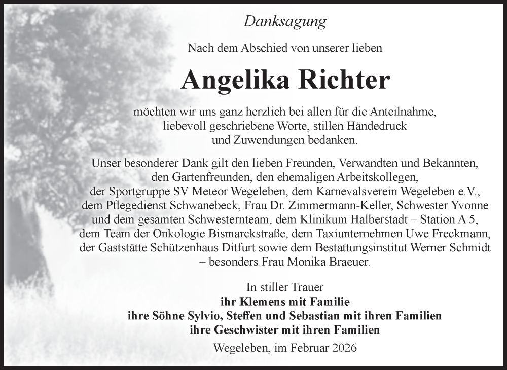  Traueranzeige für Angelika Richter vom 14.02.2026 aus Volksstimme Halberstadt
