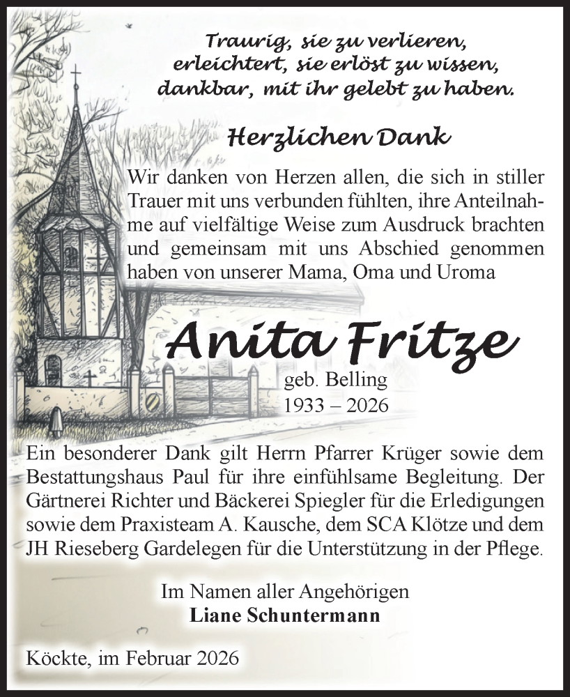  Traueranzeige für Anita Fritze vom 07.02.2026 aus Volksstimme Altmark West