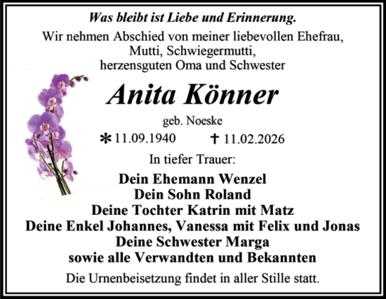 Traueranzeige von Anita Könner von Trauerkombi Wittenberg