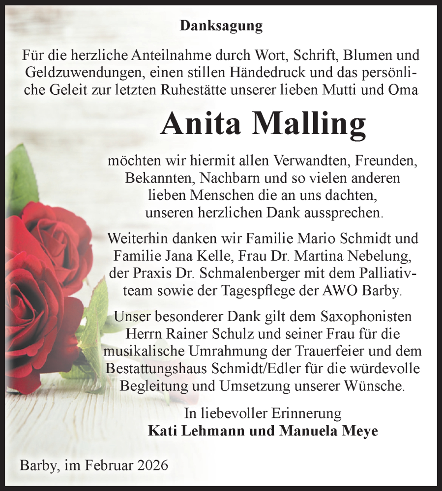  Traueranzeige für Anita Malling vom 21.02.2026 aus Volksstimme Schönebeck