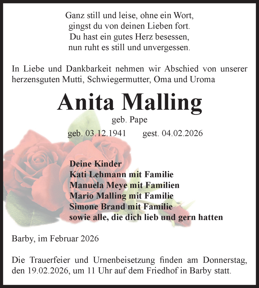  Traueranzeige für Anita Malling vom 14.02.2026 aus Volksstimme Schönebeck
