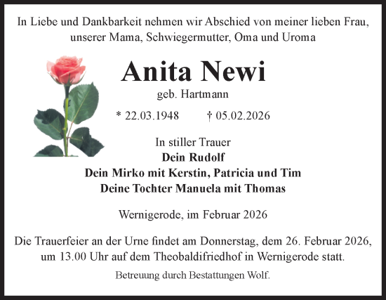 Traueranzeige von Anita Newi von Volksstimme Wernigerode