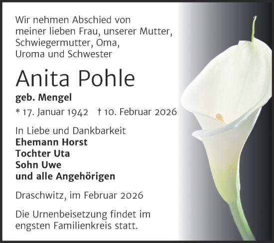 Traueranzeige von Anita Pohle von Trauerkombi Zeitz
