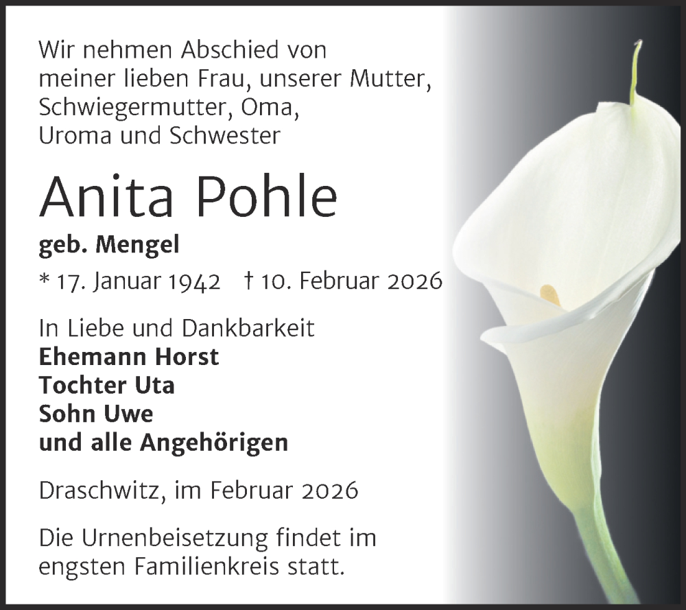  Traueranzeige für Anita Pohle vom 21.02.2026 aus Trauerkombi Zeitz