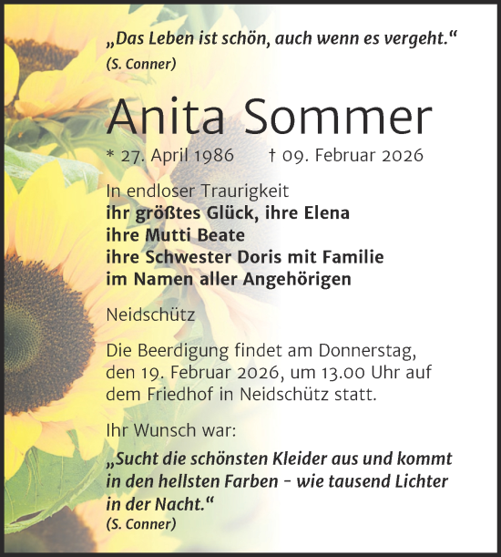 Traueranzeige von Anita Sommer von Naumburger Tageblatt