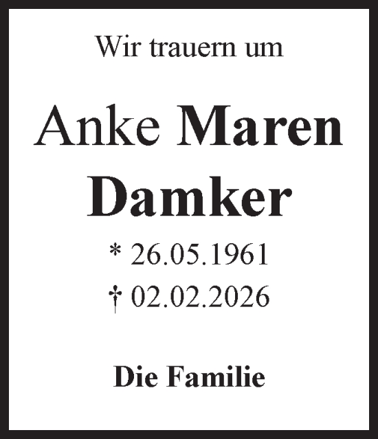 Traueranzeige von Anke Maren Damker von Volksstimme Magdeburg