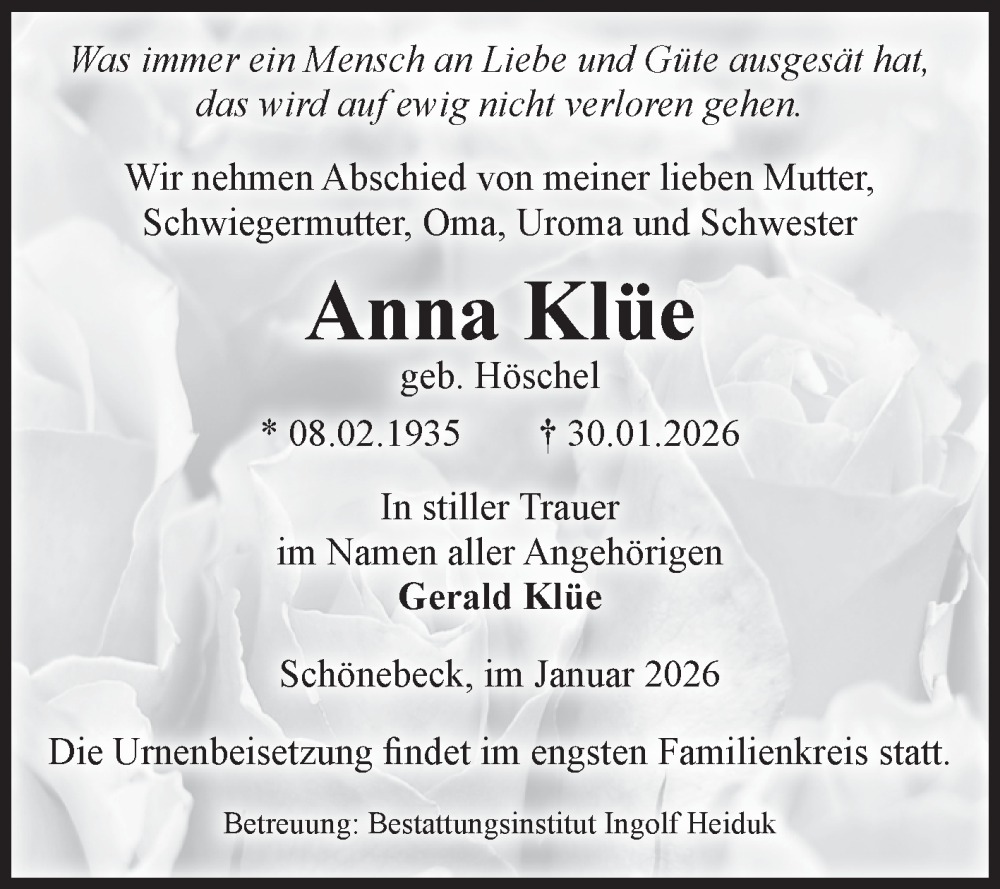  Traueranzeige für Anna Klüe vom 07.02.2026 aus Volksstimme Schönebeck