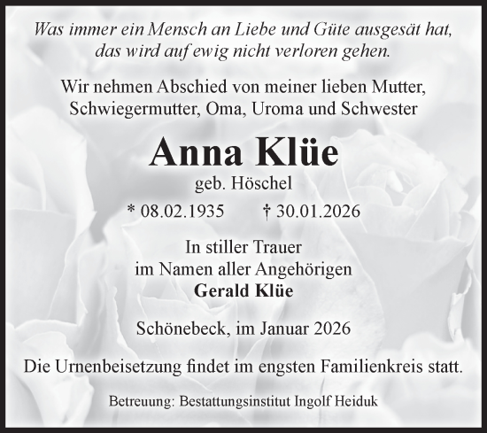 Traueranzeige von Anna Klüe von Volksstimme Schönebeck