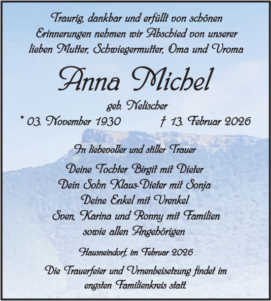 Traueranzeige von Anna Michel von Trauerkombi Quedlinburg