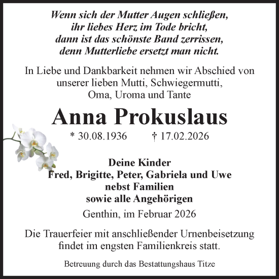 Traueranzeige von Anna Prokuslaus von Volksstimme Burg/Genthin