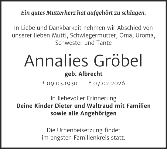 Traueranzeige von Annalies Gröbel von Trauerkombi Merseburg