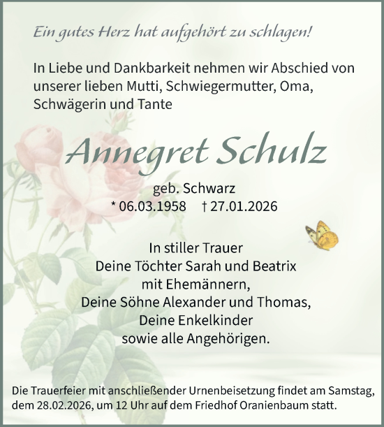 Traueranzeige von Annegret Schulz von Trauerkombi Dessau