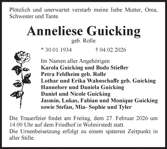 Traueranzeige von Anneliese Guicking von Volksstimme Haldensleben/Wolmirstedt