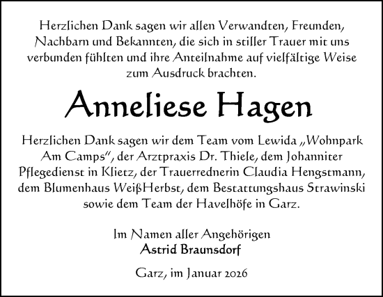 Traueranzeige von Anneliese Hagen von Volksstimme Altmark Ost